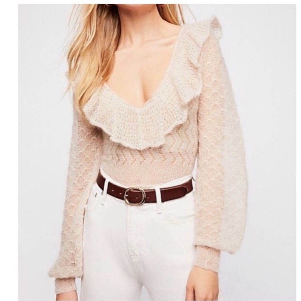 Free People Macaroon Mohair Wool Sweater Ivory Cropped Puff Sleeve Size L - Picture 2 of 10
